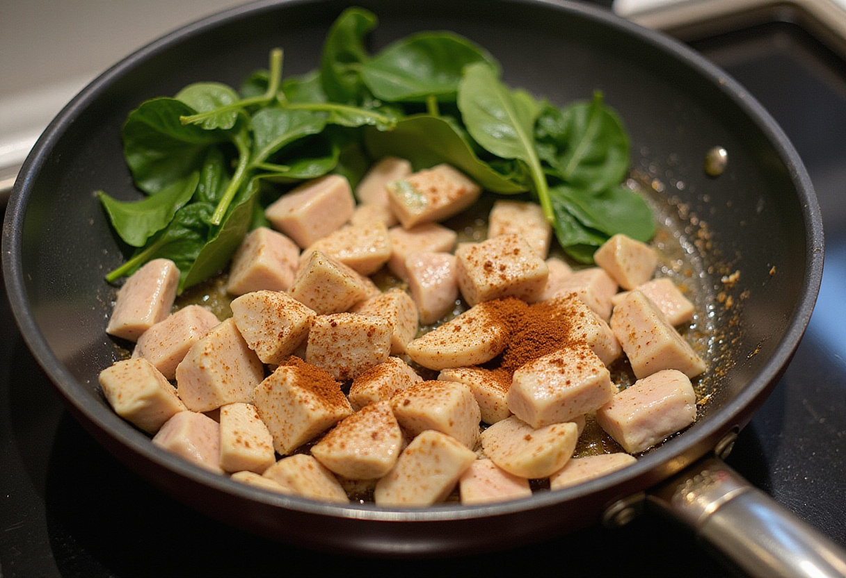Pollo al horno dorándose con espinacas para receta de pasta al horno fácil y rápida.