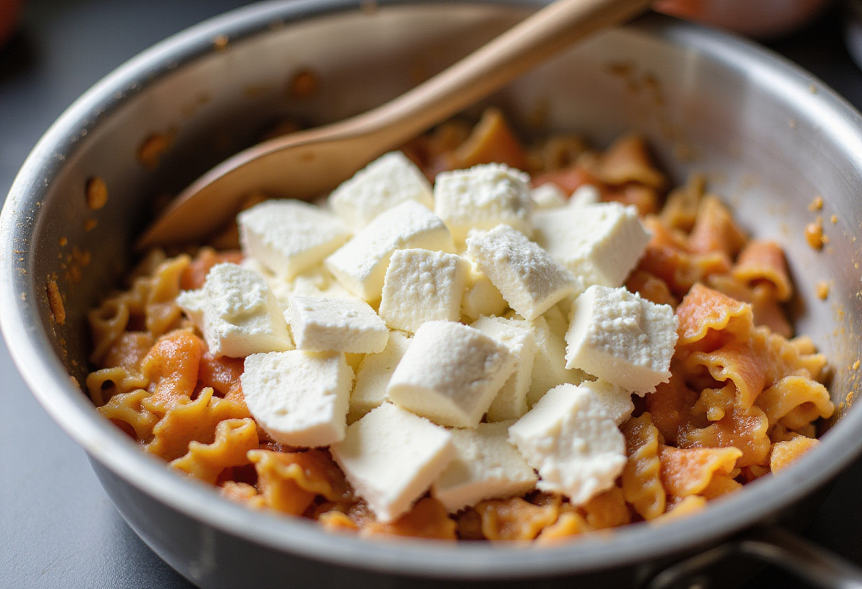 Combinando ricotta con pasta para pasta al horno reconfortante con espinacas y pollo.