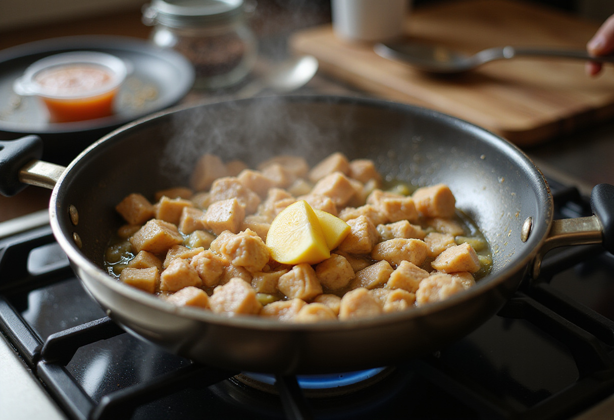 Pollo en dados salteándose en mantequilla para Pasta de Pollo con Mantequilla Bourbon BBQ.