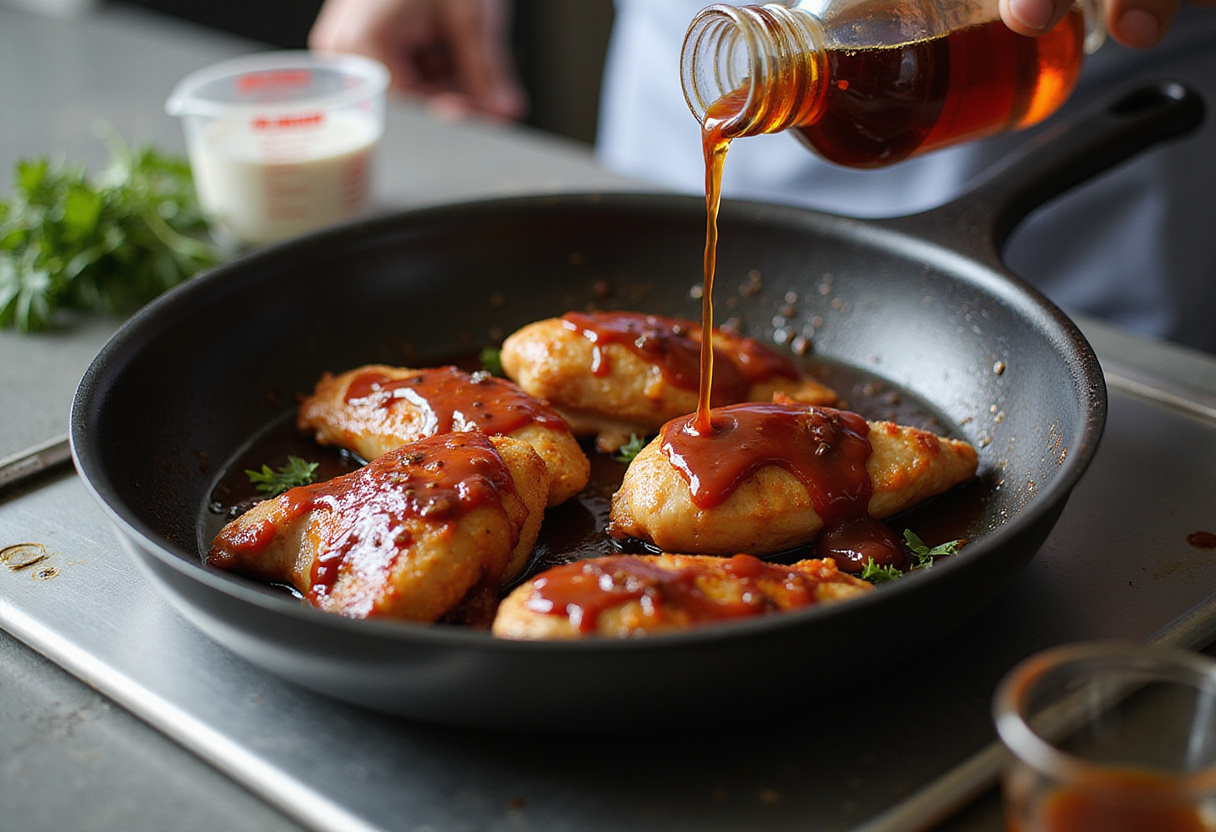 Bourbon y salsa BBQ añadidos al pollo para un sabor intenso en la Pasta de Pollo.