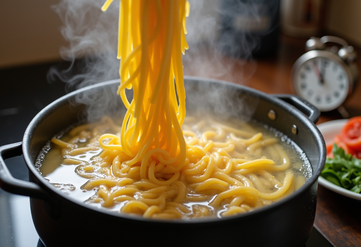 Pasta siendo cocida en agua hirviendo, esencial para la Pasta de Pollo con Mantequilla Bourbon BBQ.
