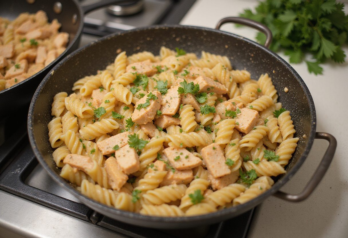 Escurriendo la pasta cocida para mezclar con pollo para la Pasta de Pollo con Mantequilla Bourbon BBQ.