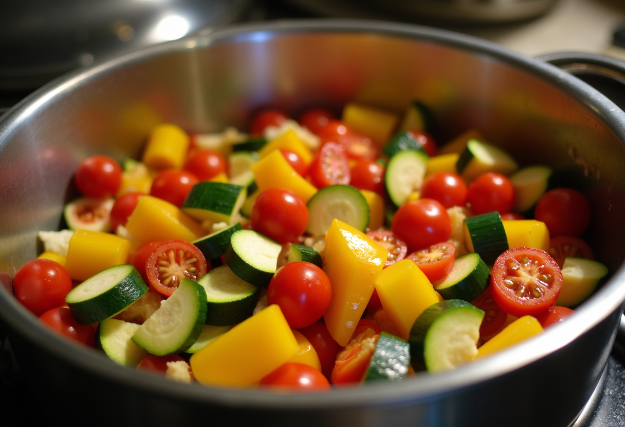Verduras picadas para pasta de verano preparándose en una olla para un plato de verano saludable.