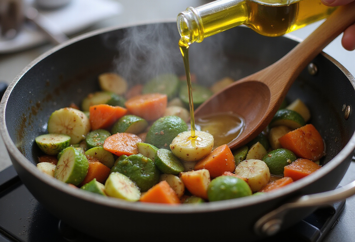 Aceite de oliva rociado sobre verduras salteadas en una olla para la receta de pasta de verano.