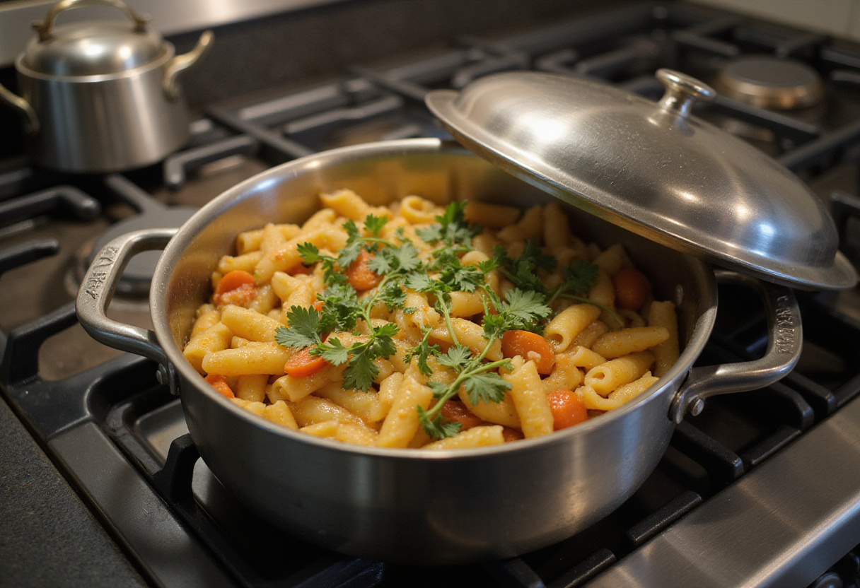 Pasta de verano hirviendo a fuego lento con verduras en una olla, lista para servir como una comida ligera de verano.