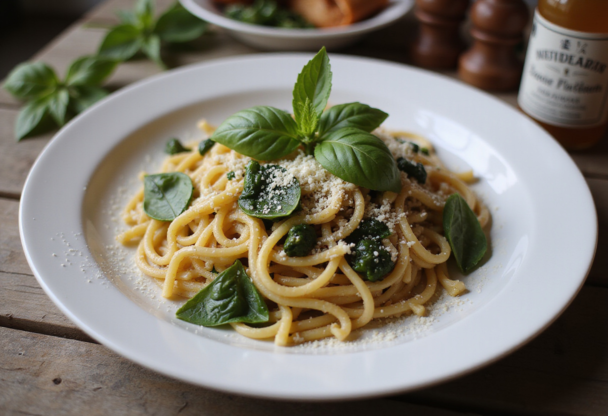Finished pasta de verduras with fresh herbs and cheese, ready to enjoy.