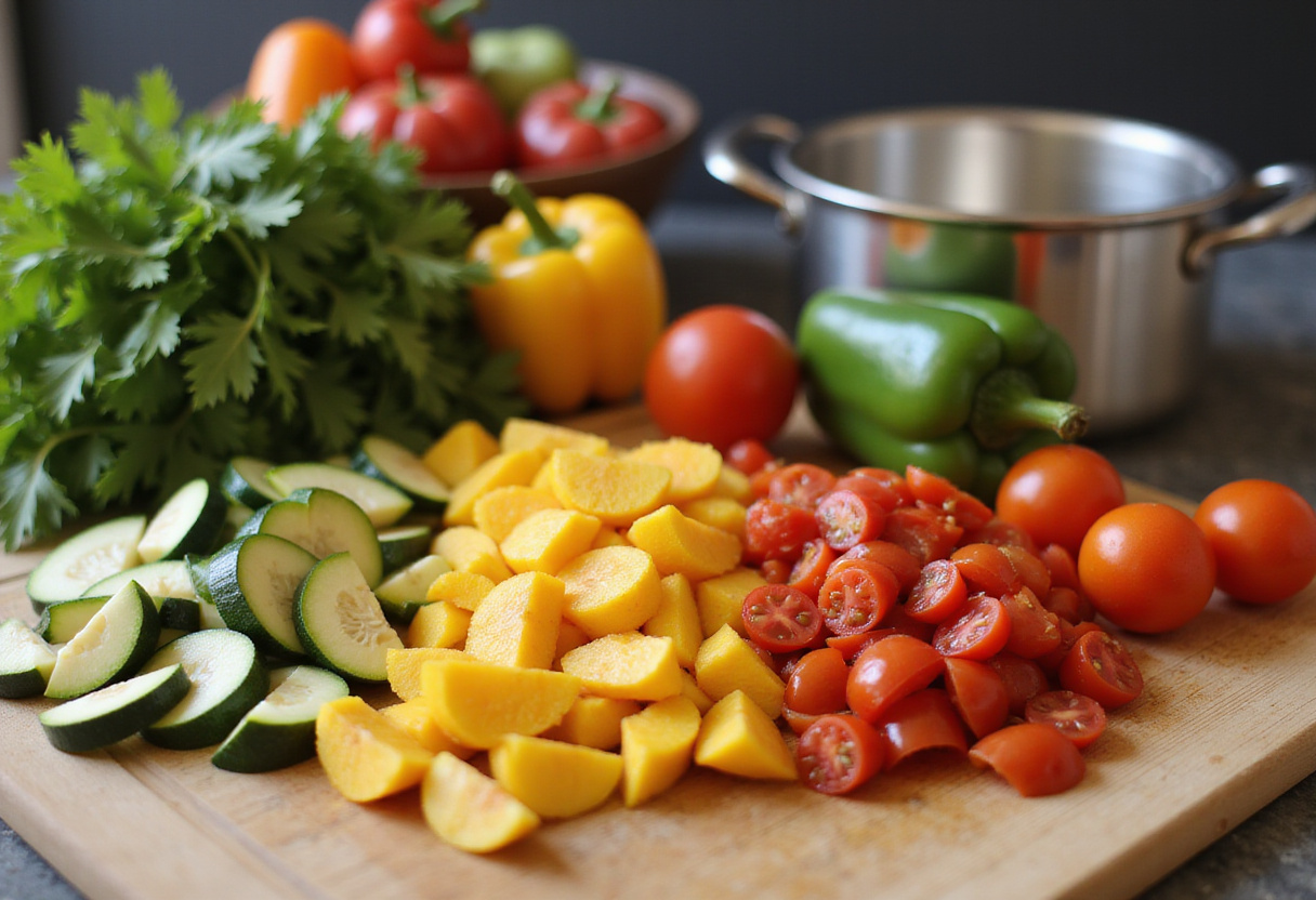 Colorful chopped summer vegetables for pasta de verduras preparation.