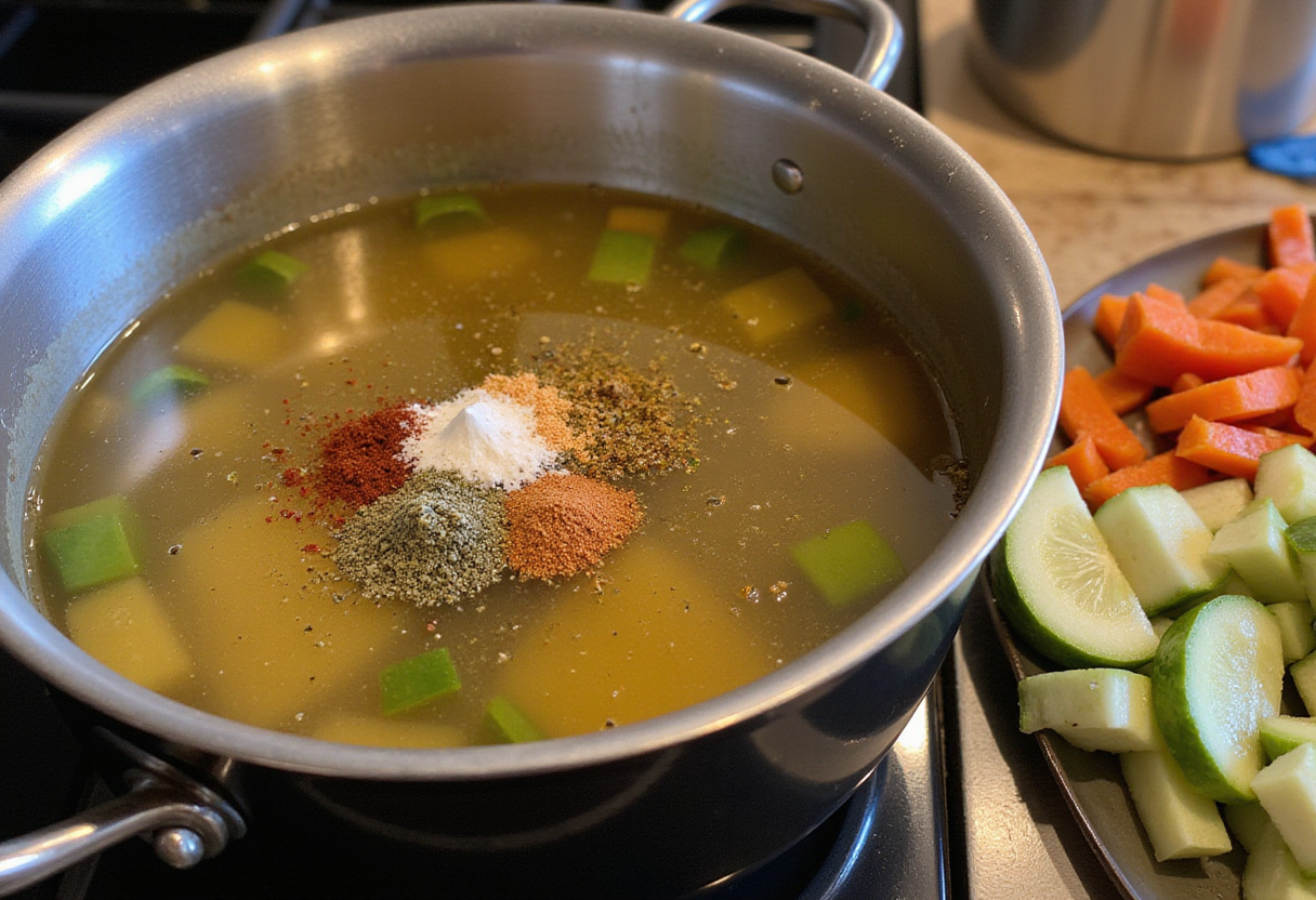 Preparing a pot with broth and seasonings for healthy pasta de verduras dish.