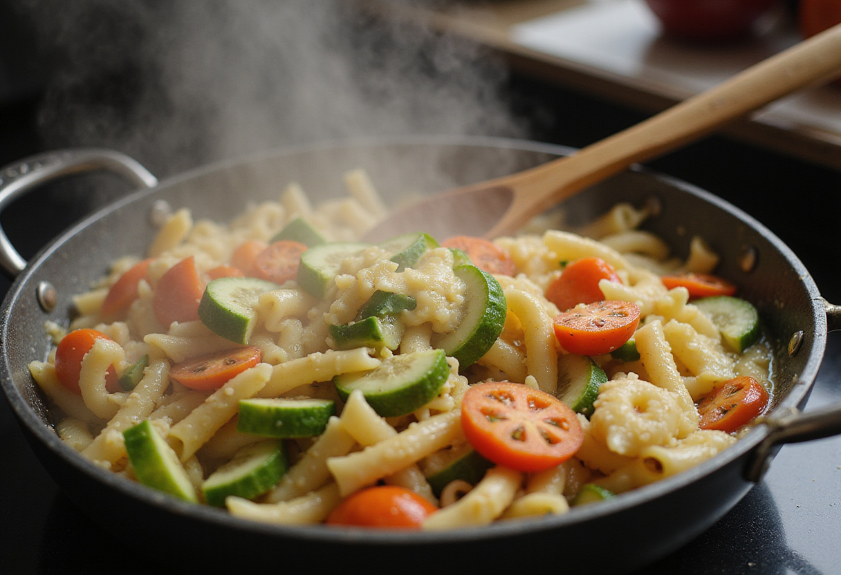 Cooking pasta de verduras in a pot, showcasing the blend of flavors and colors.