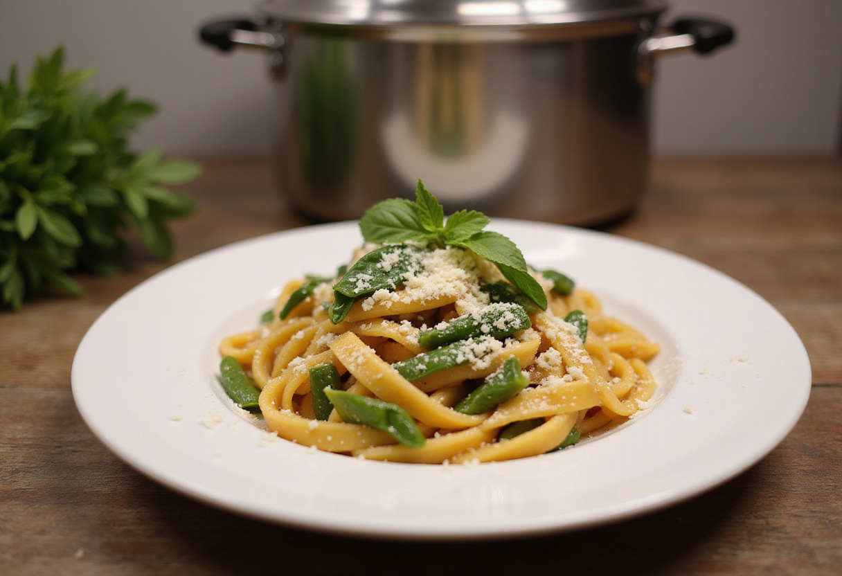 Garnishing healthy pasta de verduras with herbs and cheese after cooking.