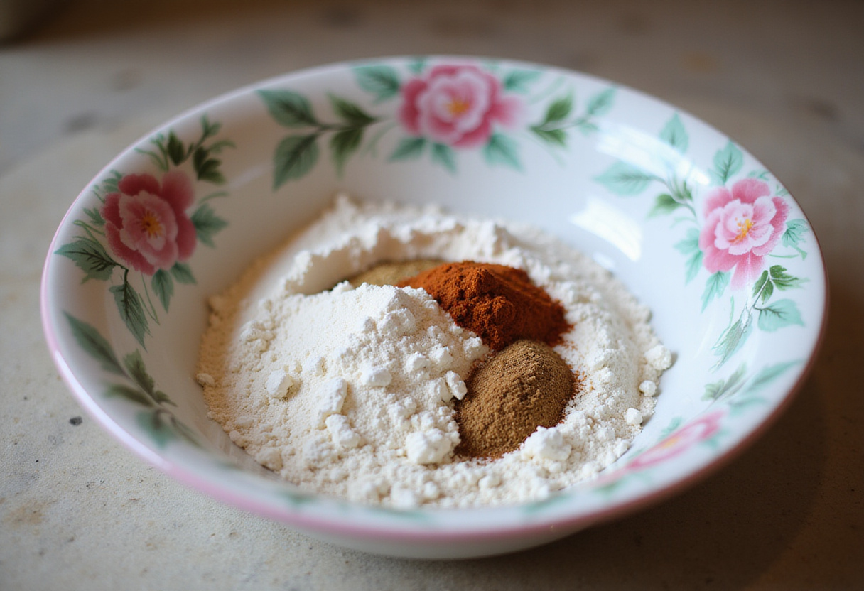Bowl with flour and spices ready for la receta de pastel colibrí.