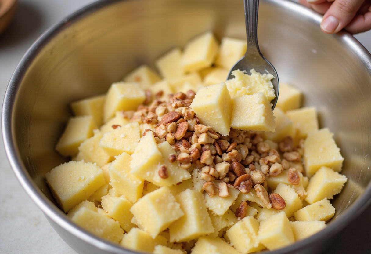 Pineapple and nuts being incorporated into the pastel colibrí batter.