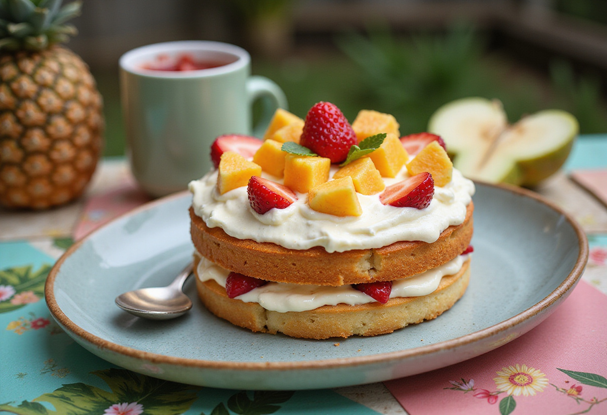 Finished pastel colibrí, a tropical cake with cream cheese frosting and fruit, perfect for any celebration.