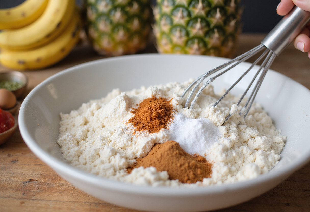 Dry ingredients being mixed for pastel colibrí, a classic tropical cake.