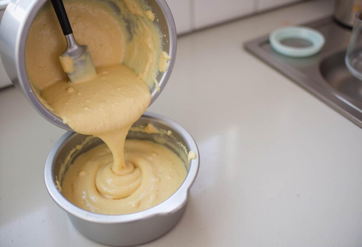 Batter being poured into a cake pan for the delicious pastel colibrí.