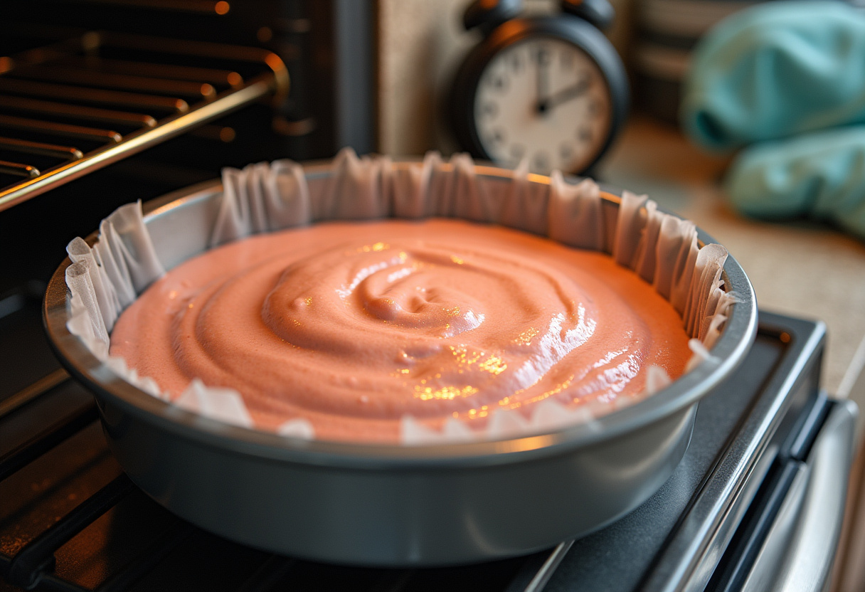Preparing to bake pastel colibrí, cake batter in the pan ready for the oven.