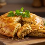 Pastel de pollo y pistachos recién horneado, delicioso y presentado para una comida casera.