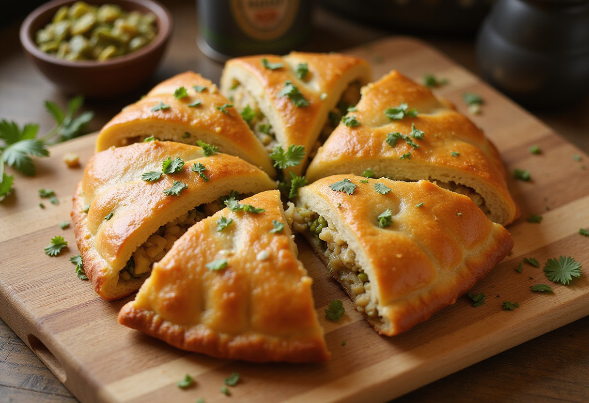 Pastel de pollo y pistachos recién horneado, delicioso y presentado para una comida casera.