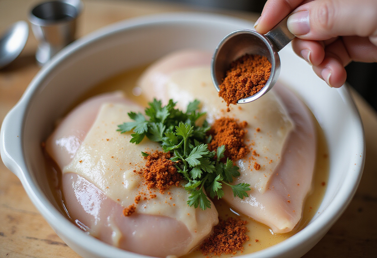 Mezclando hierbas y especias para agregar al relleno de la receta de pollo.