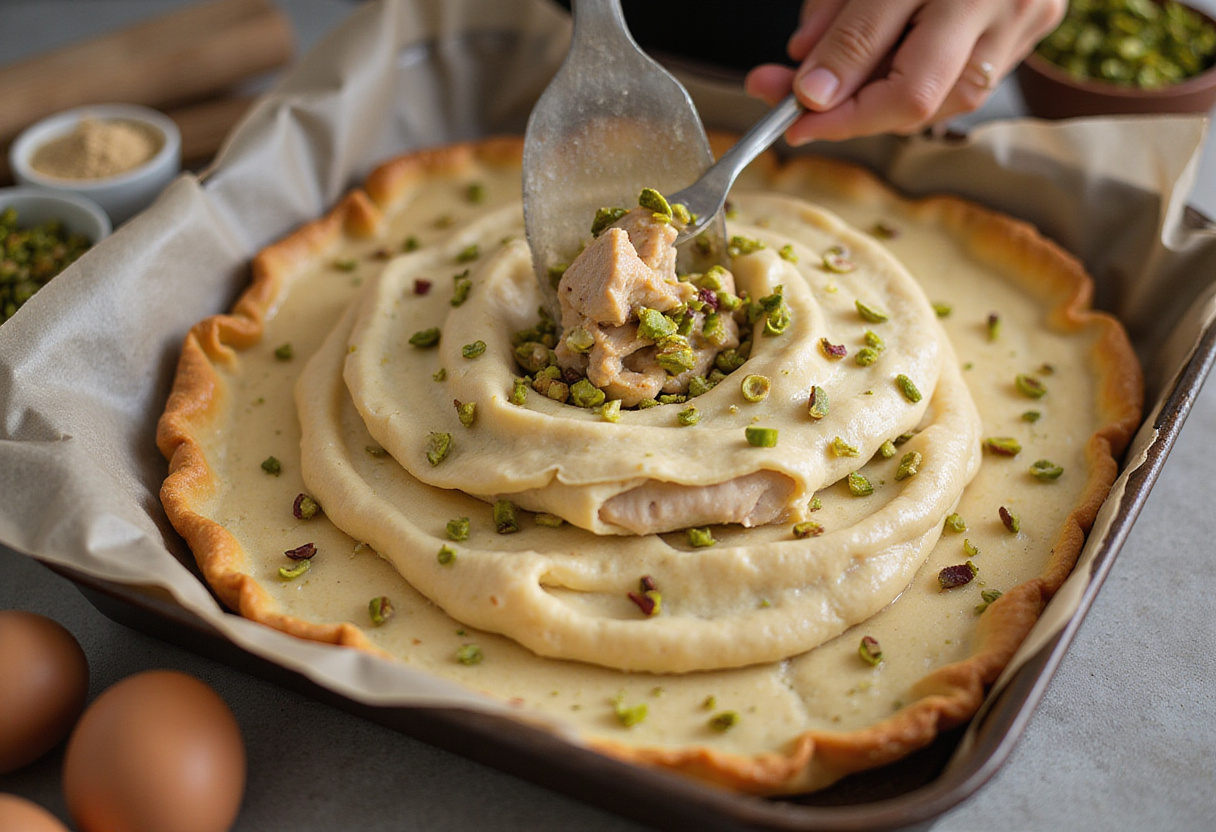 Montaje del pastel de pollo y pistachos en un molde de hornear.