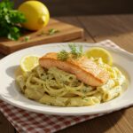 Delicious pasta con salmón garnished with herbs and lemon, ready for a delightful meal.