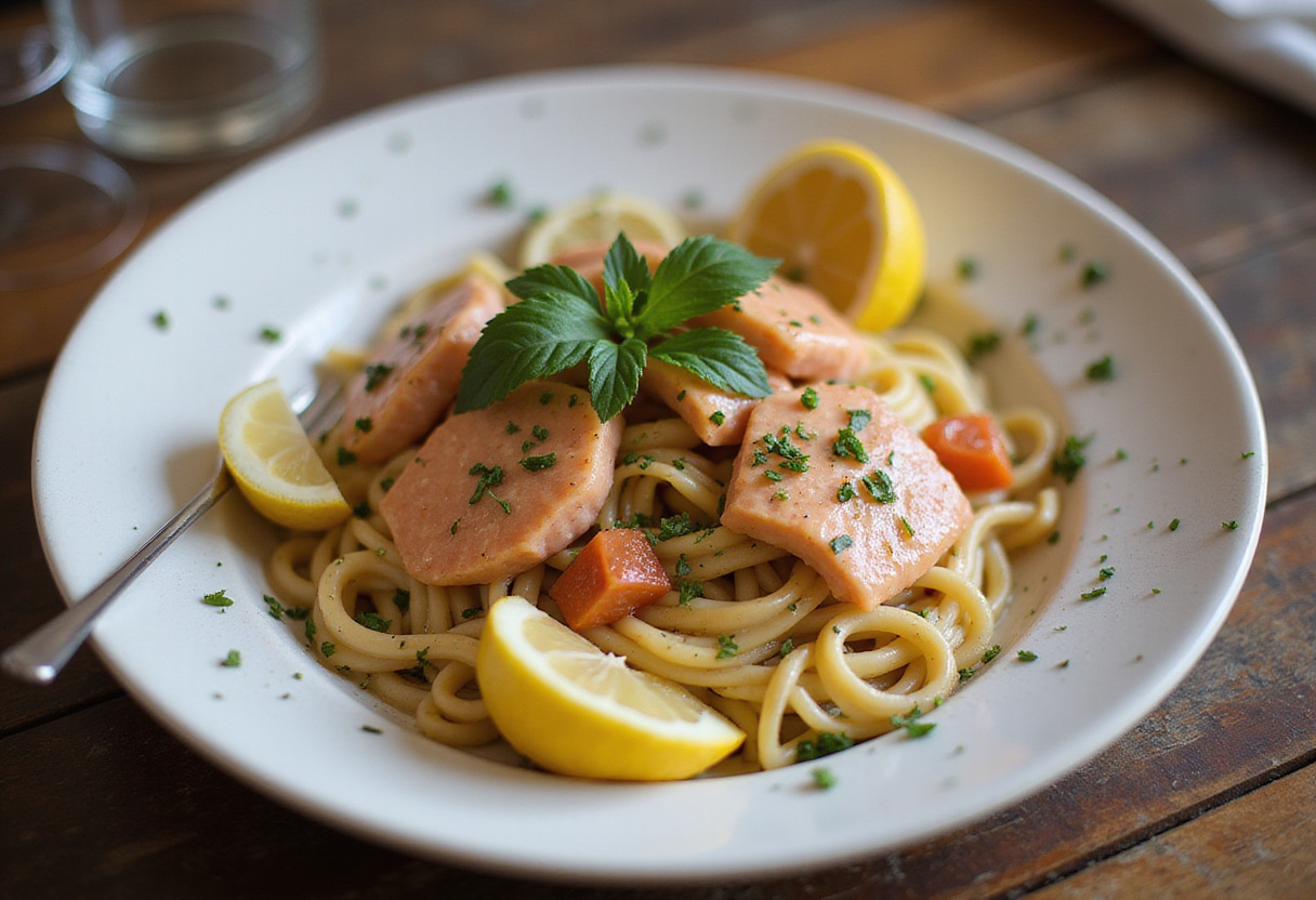 Deliciosa pasta con salmón adornada con hierbas y limón, lista para una comida deliciosa.