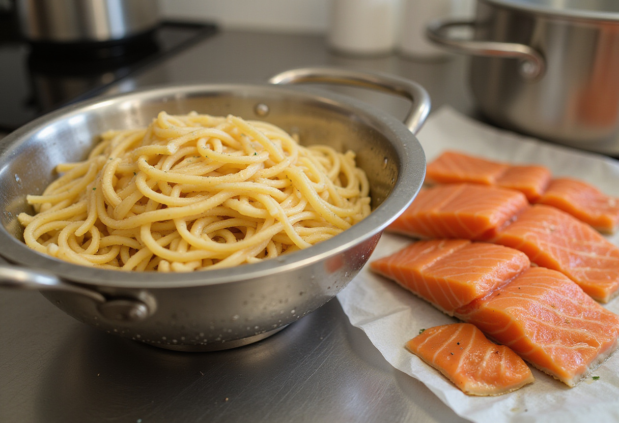 Pasta y filetes de salmón fresco preparados para cocinar pasta con salmón.