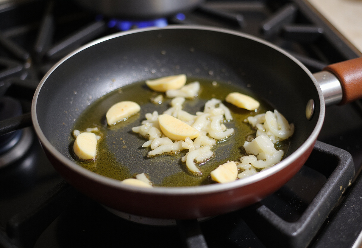 Sofriendo ajo y cebolla en aceite de oliva para la receta de pasta con salmón.