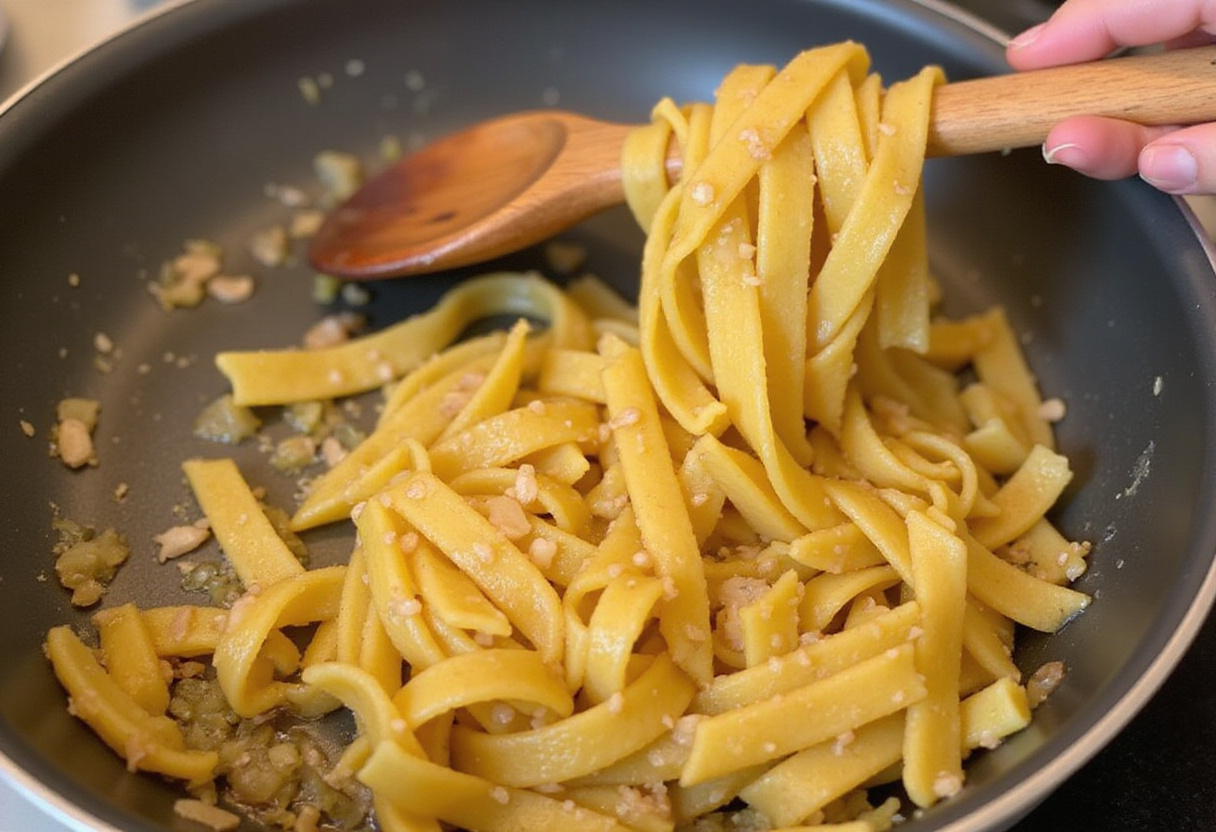 Mezclando pasta cocida con ajo y cebolla en una sartén para pasta con salmón.