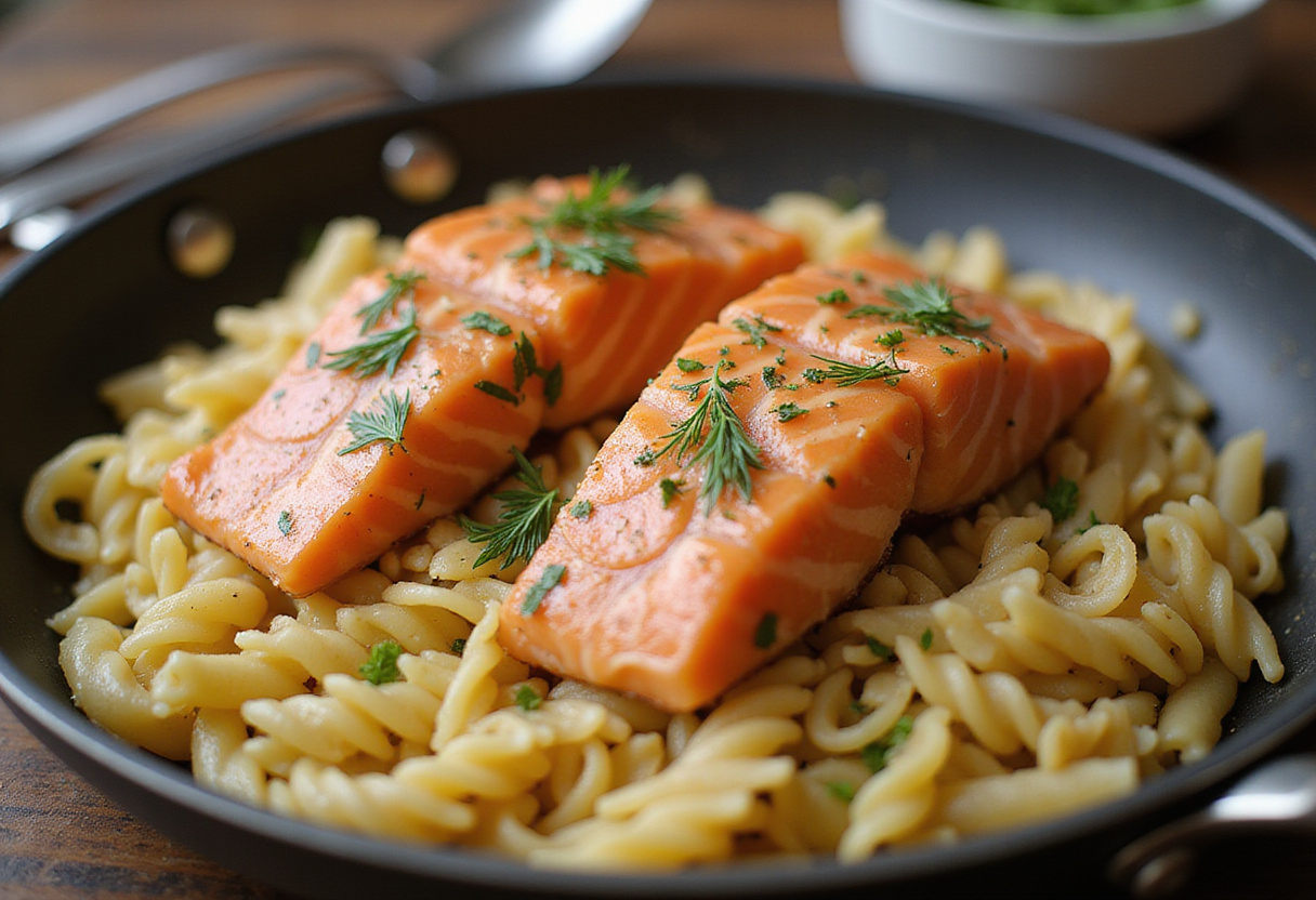 Añadiendo salmón salteado y hierbas a la pasta para el delicioso plato de pasta con salmón.