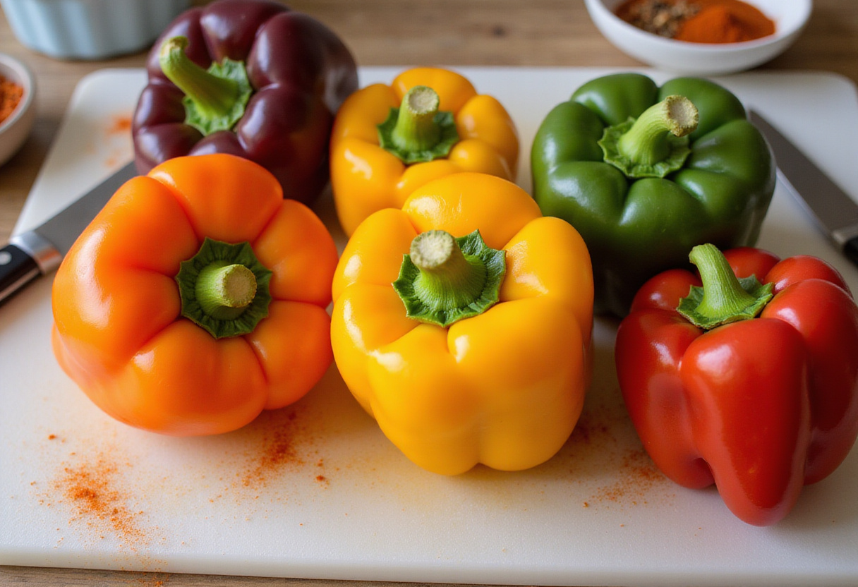 Preparación de pimientos rellenos fáciles en una tabla de cortar con especias.