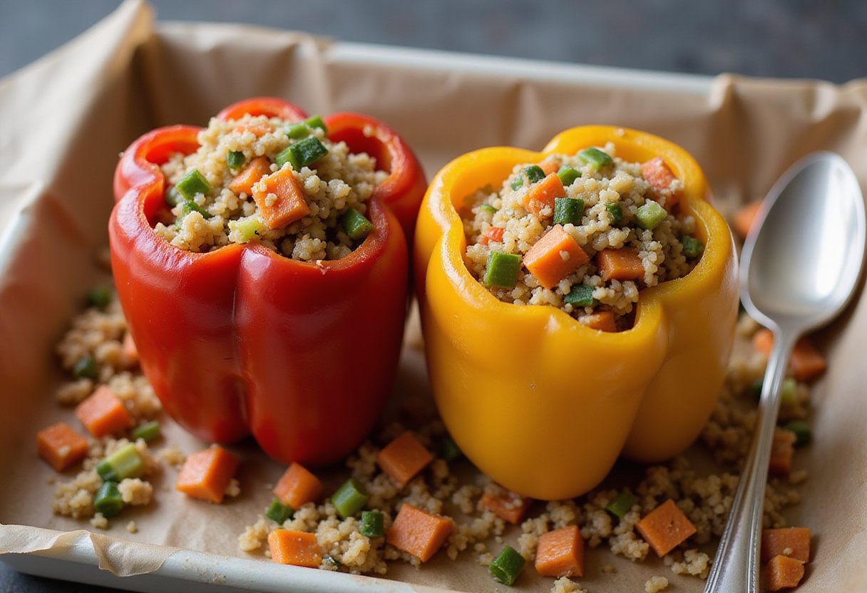 Pimientos rellenos fáciles siendo preparados con mezcla de quinoa y frijoles saludables.