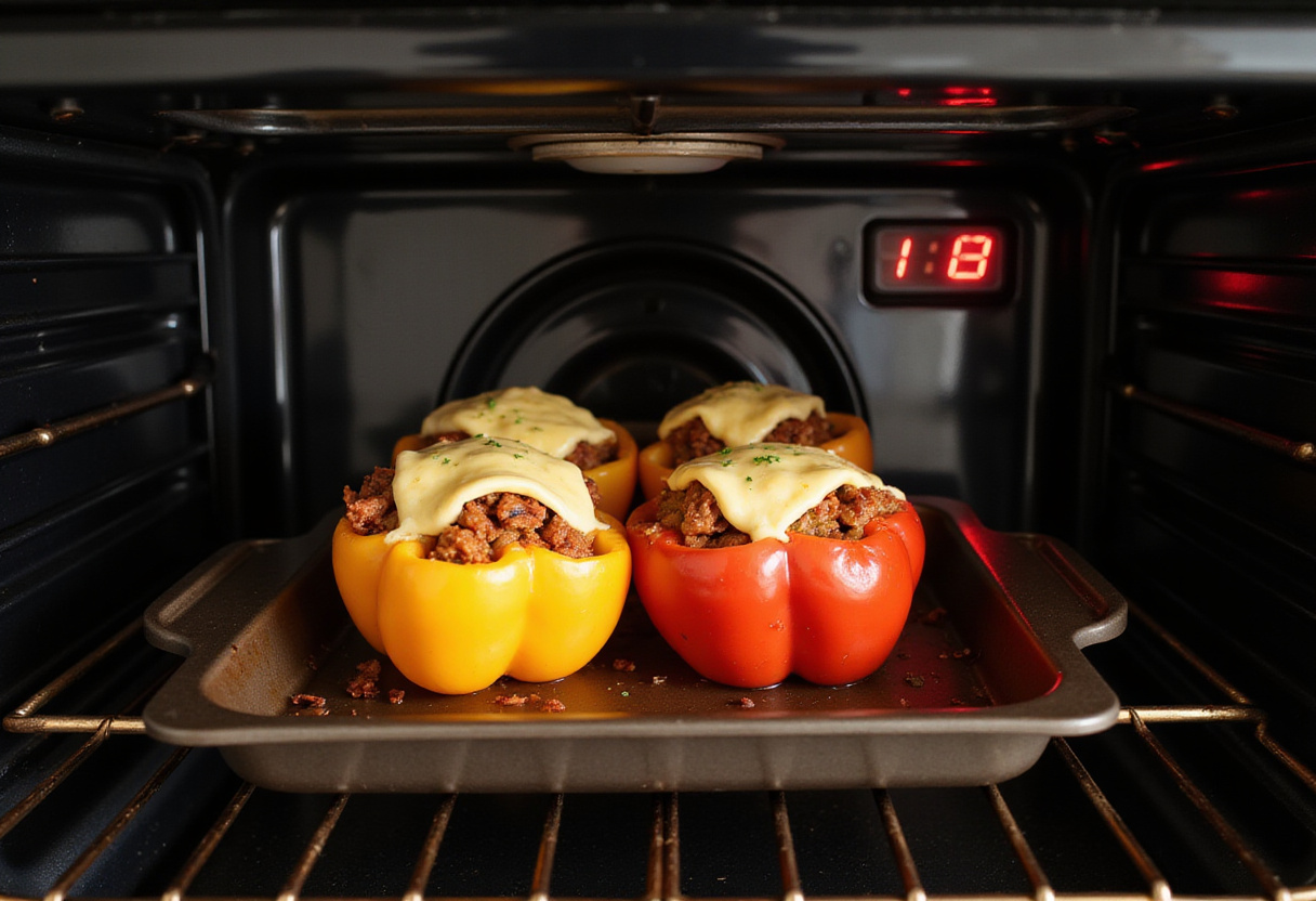Pimientos rellenos fáciles listos para hornear en el horno.
