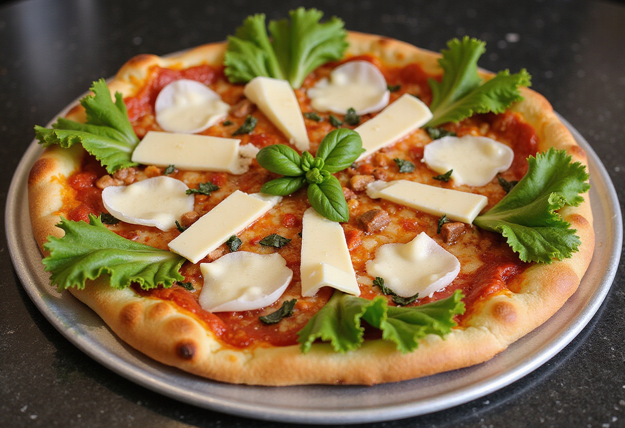Pizza de ensalada César terminada, perfecta para una comida saludable y fresca.