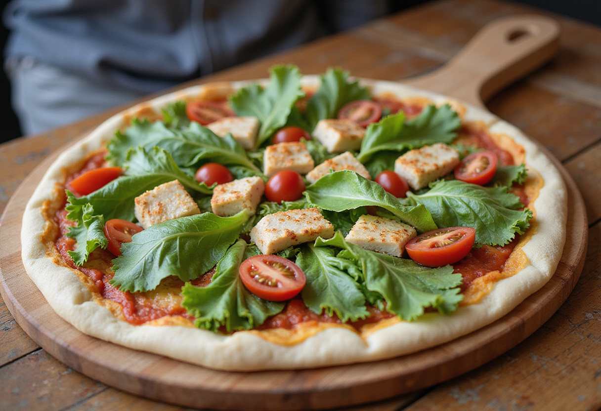 Pizza de ensalada César con lechuga y pollo sobre la masa fresca de pizza.
