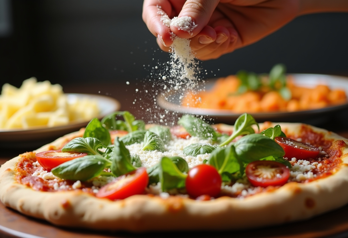 Parmesano rallado esparcido sobre la pizza de ensalada César antes de hornear.