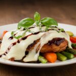 Pollo balsámico al horno con queso mozzarella fundido, ideal para disfrutar en una comida familiar.