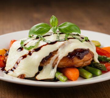 Pollo balsámico al horno con queso mozzarella fundido, ideal para disfrutar en una comida familiar.