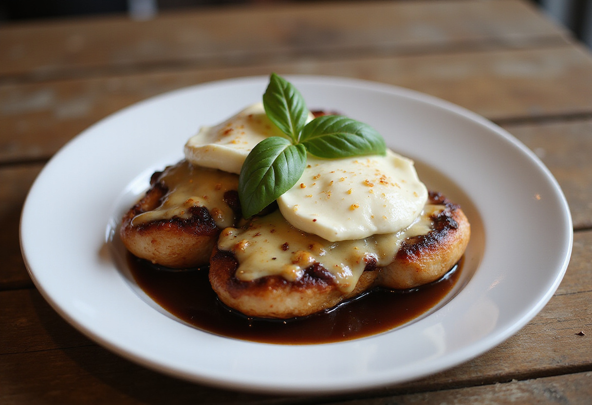 Pollo balsámico al horno con queso mozzarella fundido, ideal para disfrutar en una comida familiar.