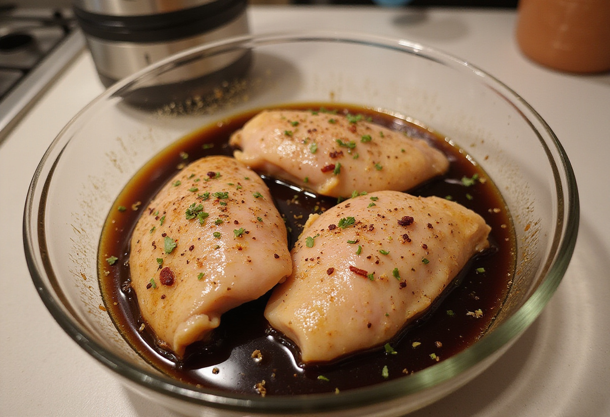 Pollo al horno marinado en vinagre balsámico y hierbas para receta de pollo jugoso.