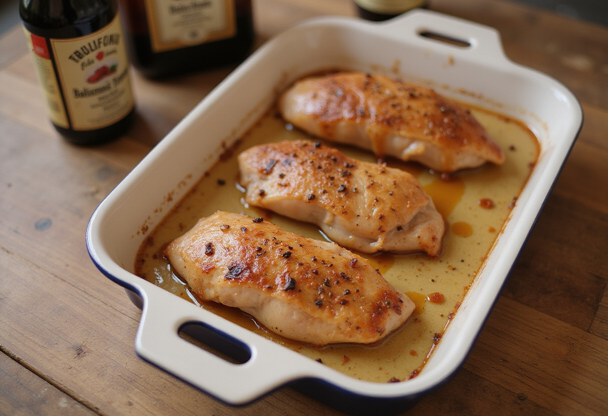 Colocando pollo balsámico en un molde para hornear en la receta de pollo con queso mozzarella.