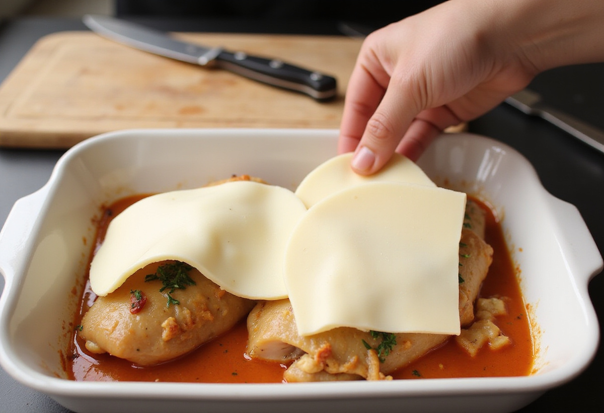 Queso mozzarella fresco colocándose sobre el pollo al horno en la receta de pollo balsámico.