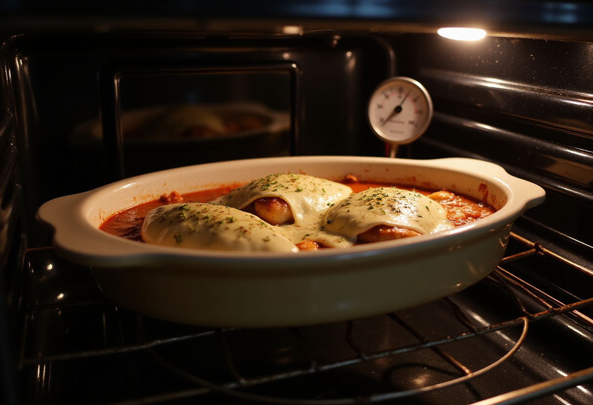 Molde con pollo y queso mozzarella siendo colocado en el horno para pollo al horno jugoso.