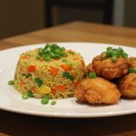 Plato de pollo crujiente con arroz frito de verduras, perfecta para una cena completa.