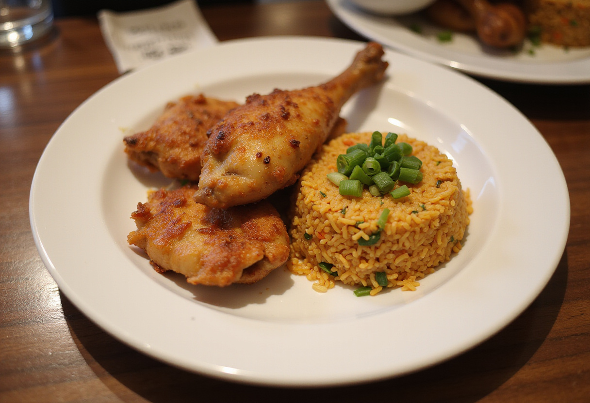 Plato de pollo crujiente con arroz frito de verduras, perfecta para una cena completa.