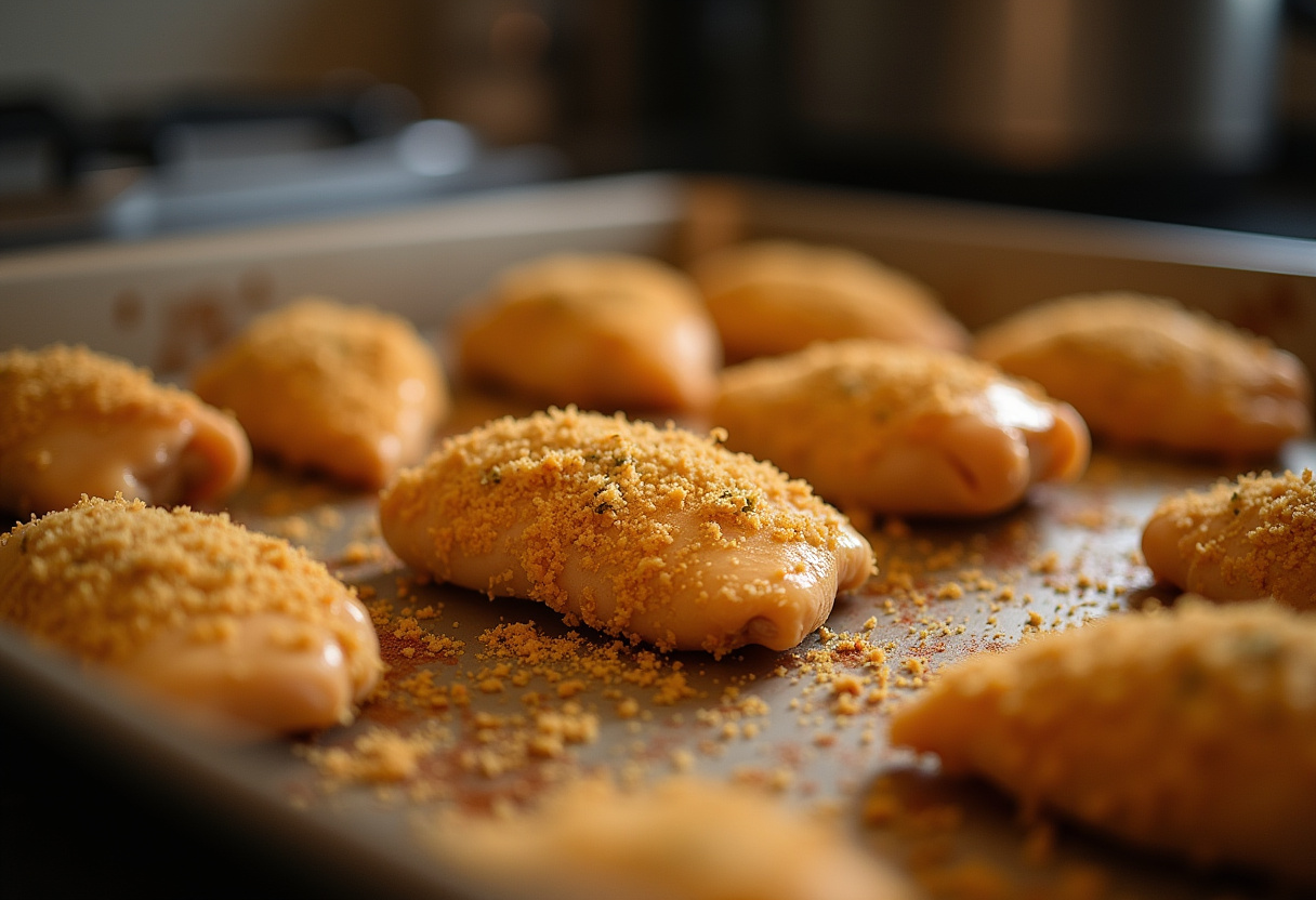 Pechugas de pollo crujiente listas para hornear en un plato, preparación de pollo crujiente.