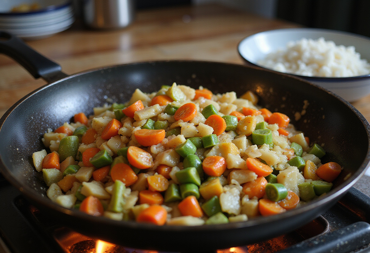 Verduras frescas salteadas en una sartén para el arroz frito de verduras, receta de cena completa.