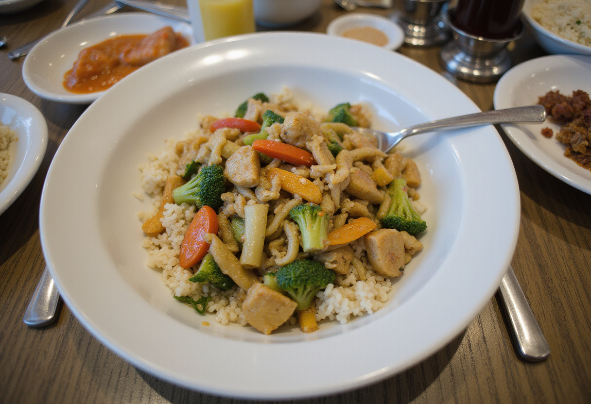 Mezcla de arroz frito de verduras para una deliciosa cena completa con pollo crujiente.