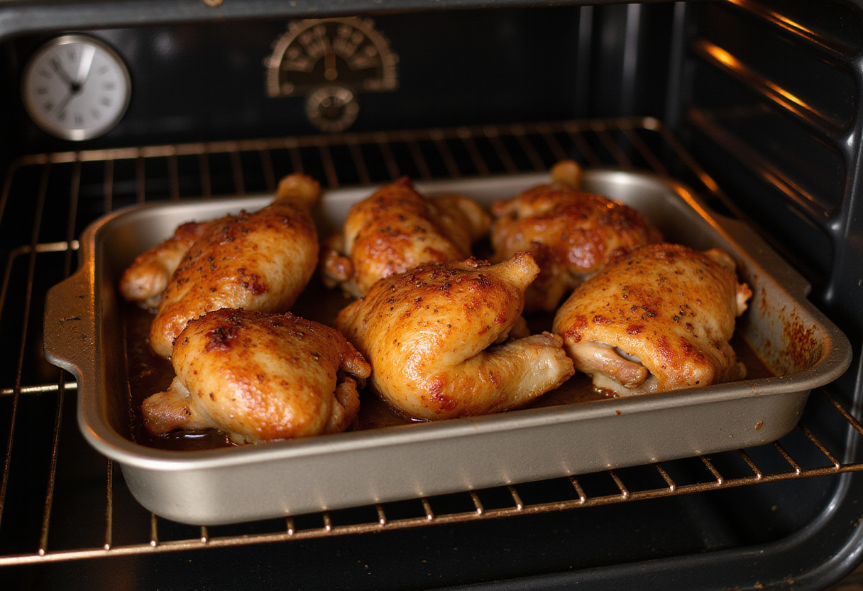 Pollo crujiente recién salido del horno, parte esencial de la cena completa.
