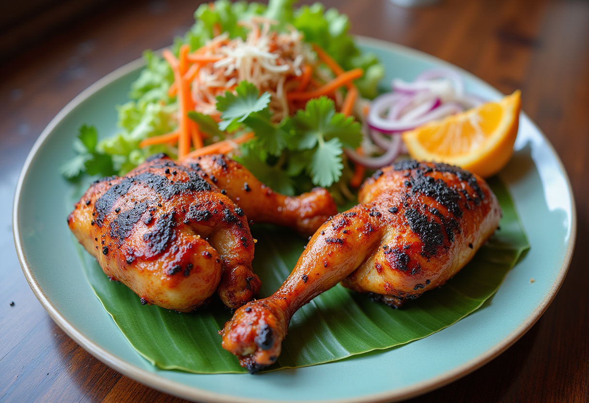 Pollo Estilo Vietnamita a la Parrilla servido con ensalada y hierbas frescas, ideal para una comida aromática.